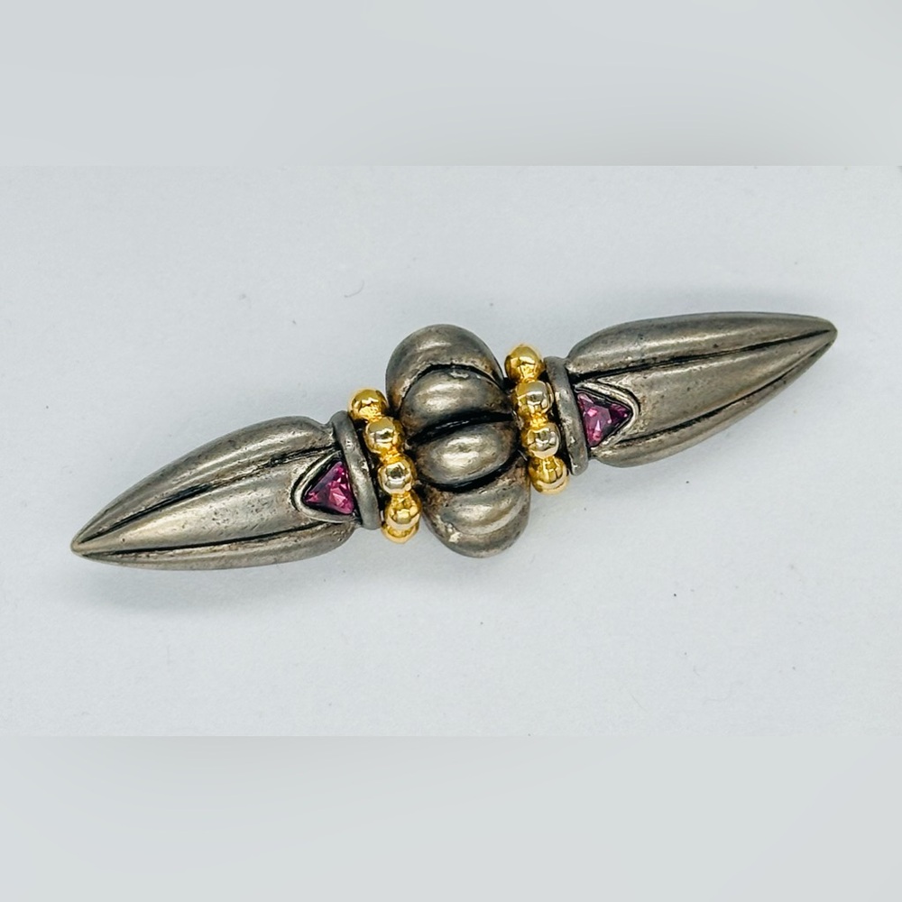 Silver Tone Pewter Bar Brooch Pin Gold Tone Purple Rhinestone
